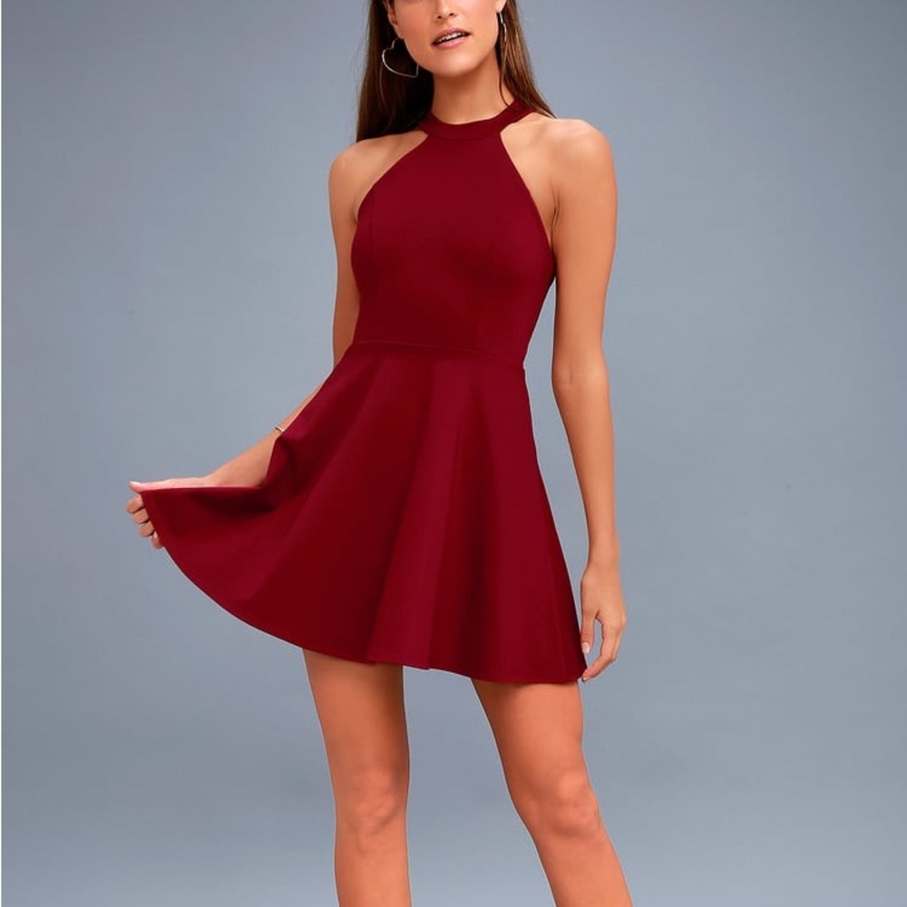 Lulu’s Hometown Girl Wine Red Lace Skater Dress